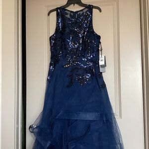 Adrianna Papell Sequin Leaf Sleeveless High-Low Cocktail Dress, size 14